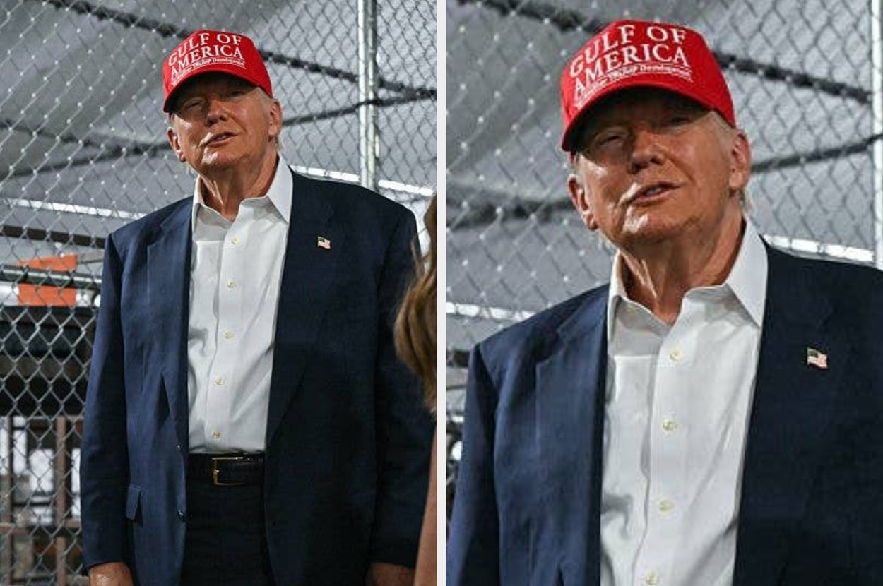 Donald Trump tours "Alligator Alcatraz," behind him is a chainlink fence and several bunk beds