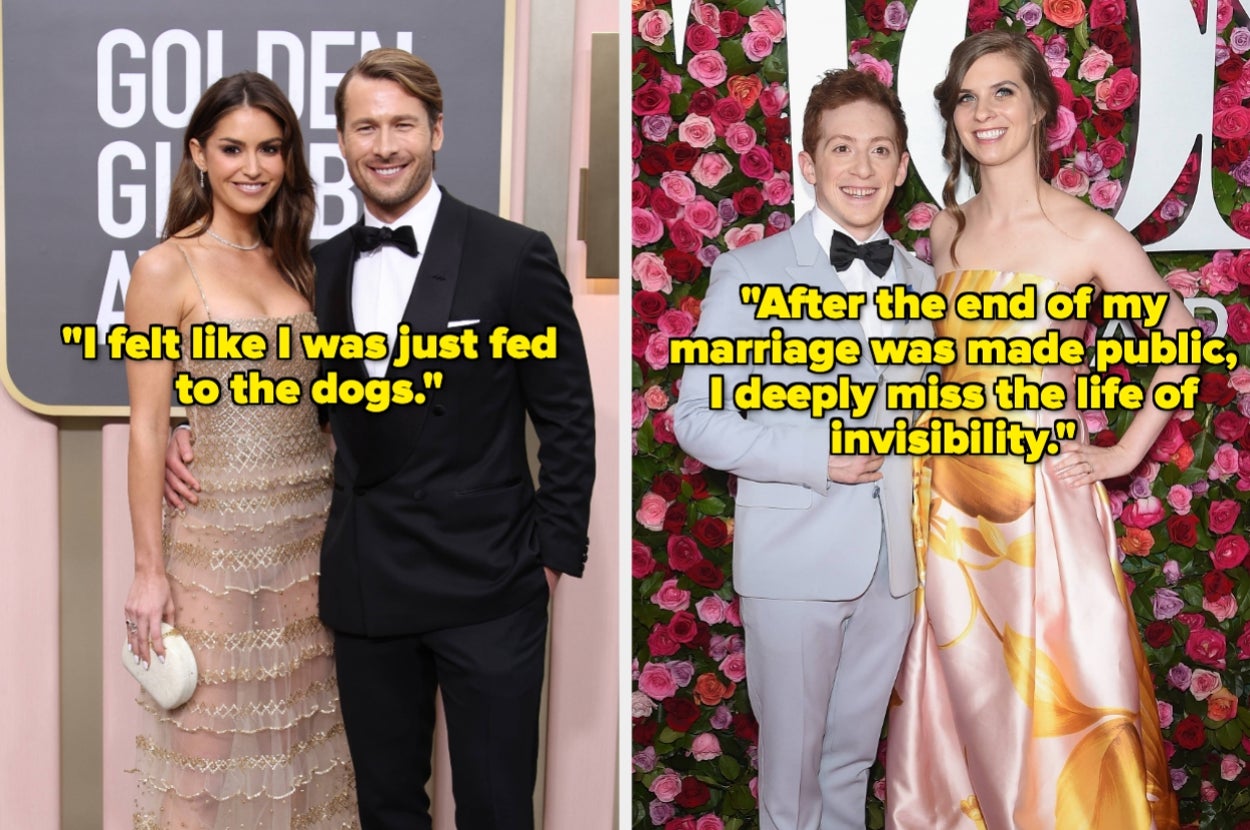 Two celebrity couples on red carpets, each with quotes about personal struggles overlaid on their images