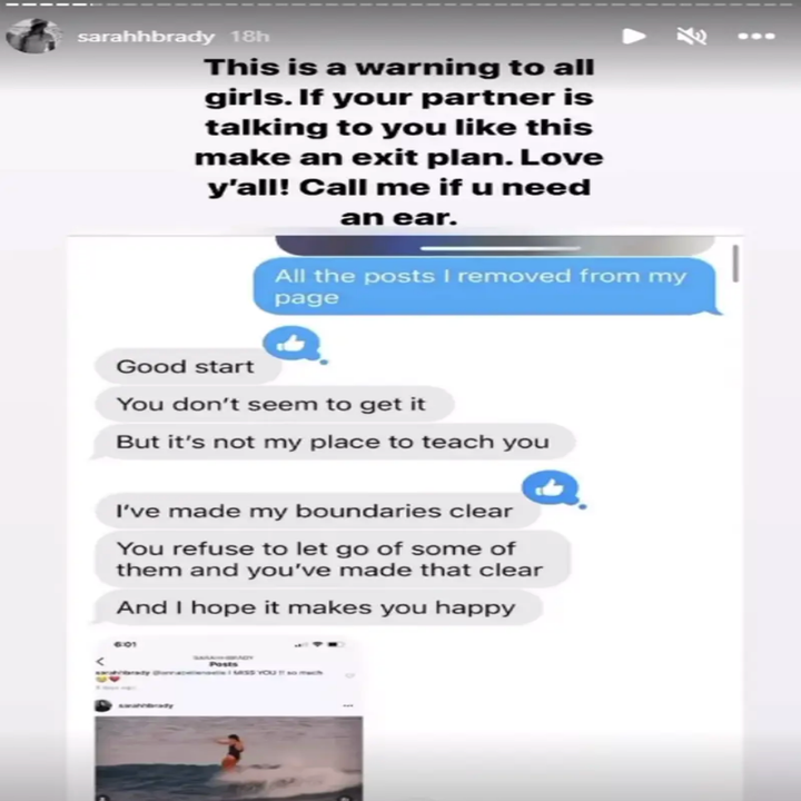 Screenshot of Instagram story with text warning girls about controlling partners, featuring a conversation about setting boundaries and removing posts