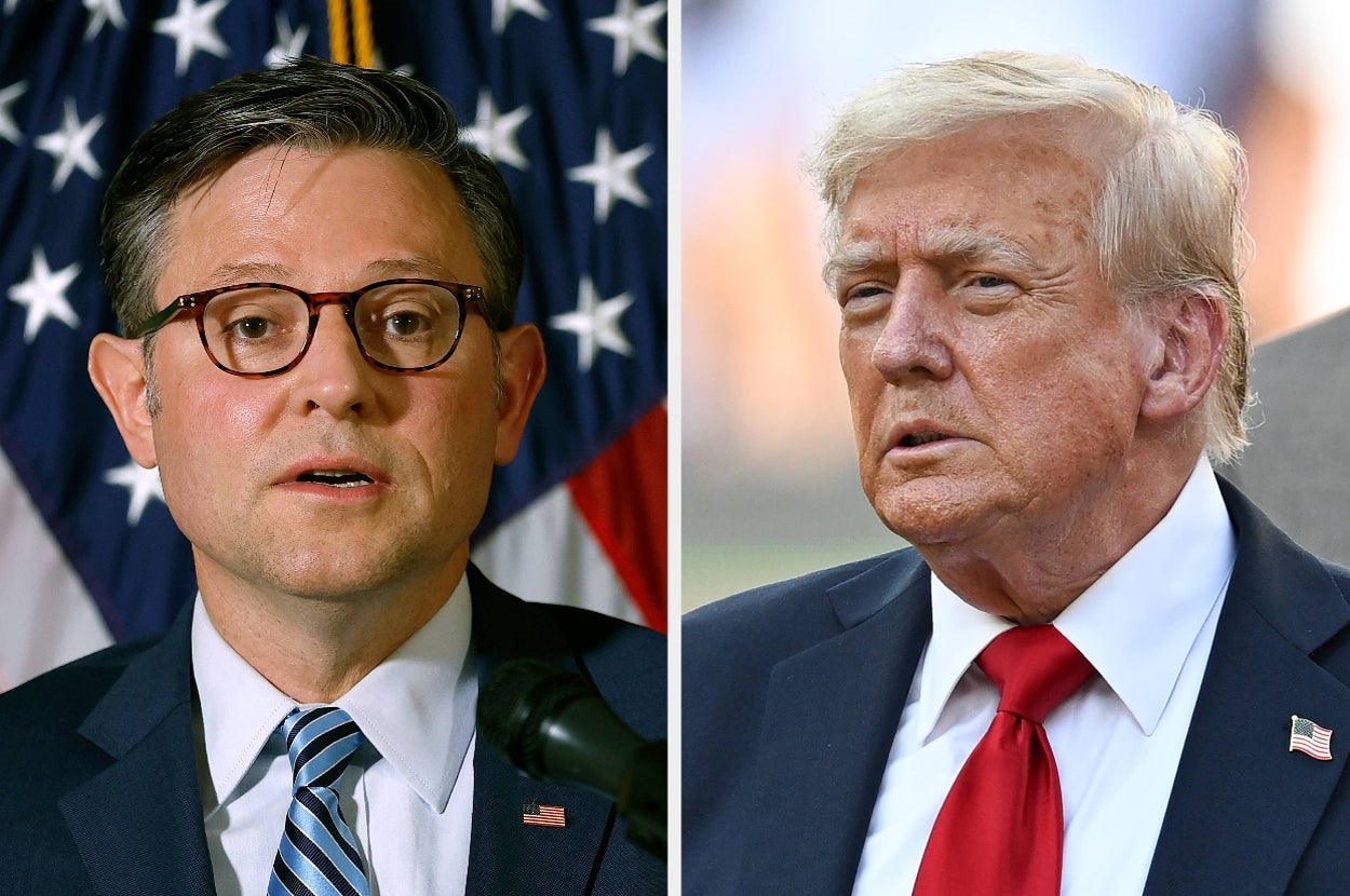 Two men in suits speaking separately, with U.S. flags in the background