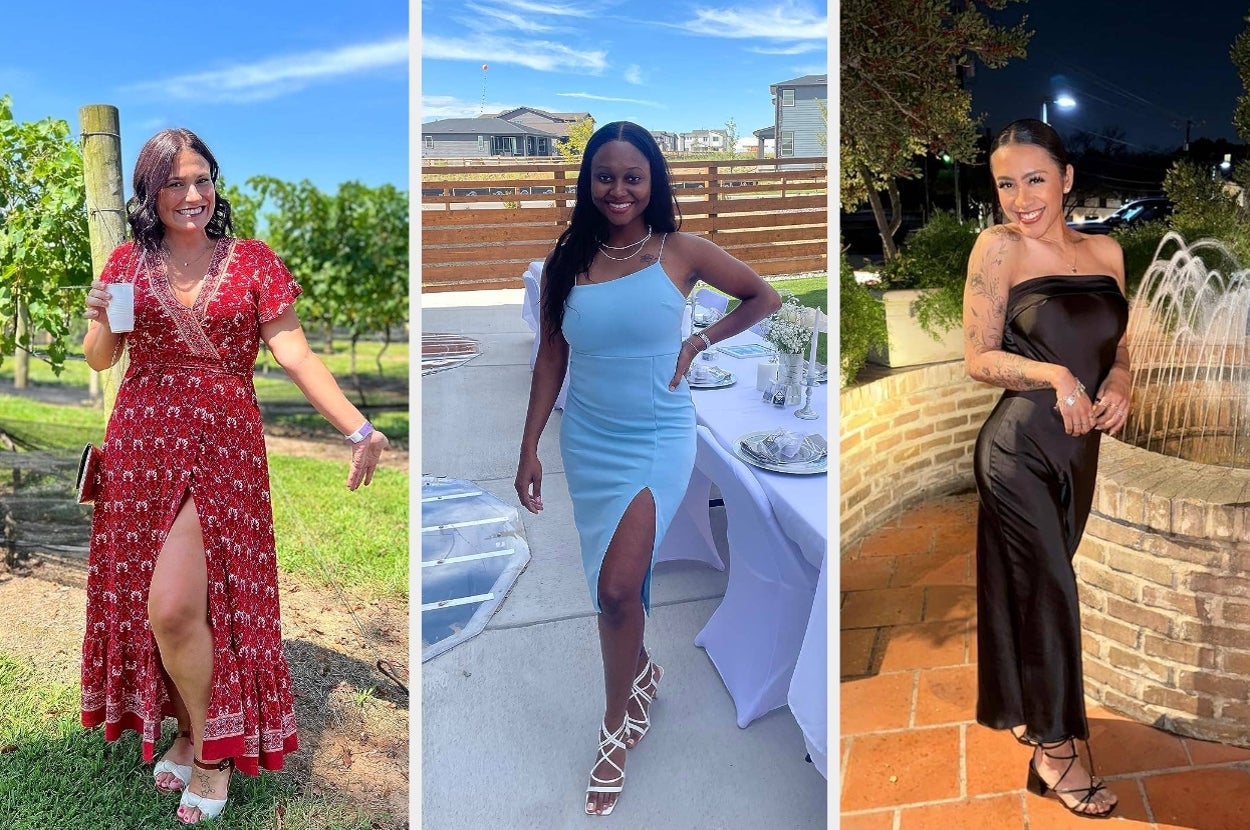 Three people each in different stylish outfits: a red patterned dress, a light blue dress with slit, and a black strapless dress by a fountain