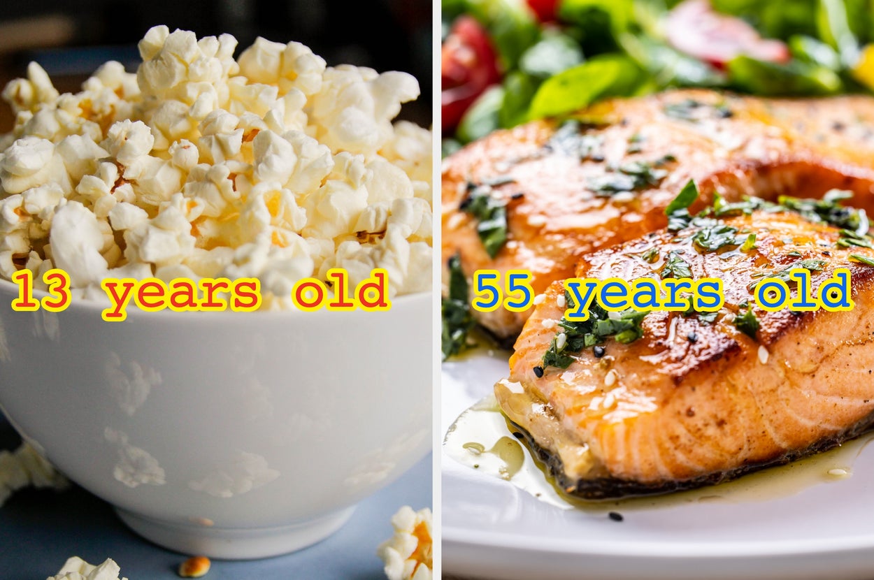 Left: Bowl of popcorn with "13 years old" text. Right: Salmon dish with "55 years old" text