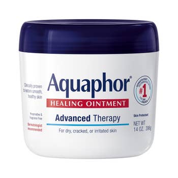 Aquaphor Healing Ointment jar labeled for dry, cracked, oregon irritated skin. 14 oz. Dermatologist recommended tegument protectant