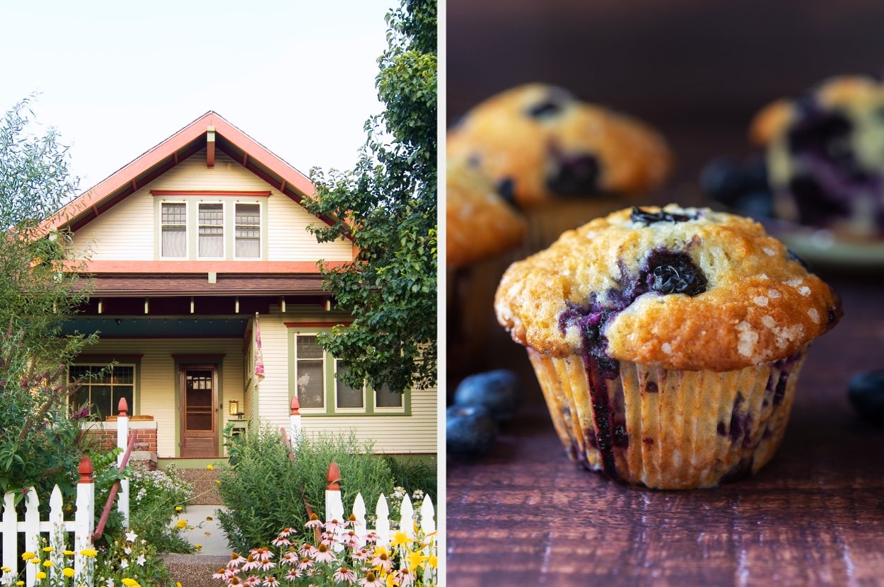 Left: Charming house with a white picket fence and garden. Right: Blueberry muffins on a wooden table