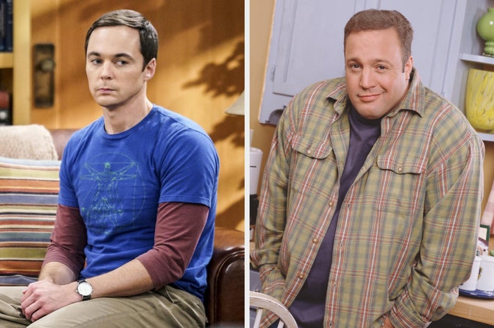 Two sitcom characters: one wears a layered casual outfit sitting indoors; the other wears a plaid shirt, smiling in a kitchen setting