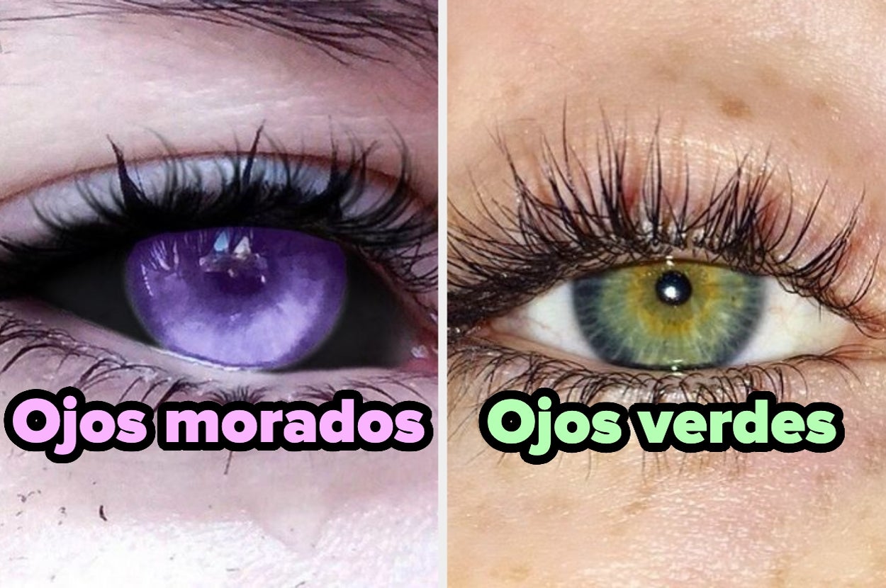 Ojo izquierdo con lente de contacto púrpura. Ojo derecho es natural y verde. Texto: "Ojos morados" y "Ojos verdes"