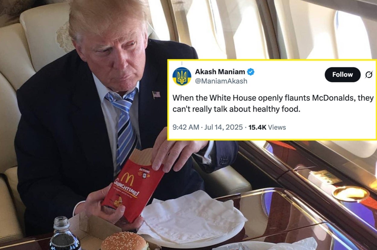 A person in a suit is in a private plane holding a fast-food item. Tweet overlay reads: "When the White House flaunts McDonald's, they can't talk about healthy food."