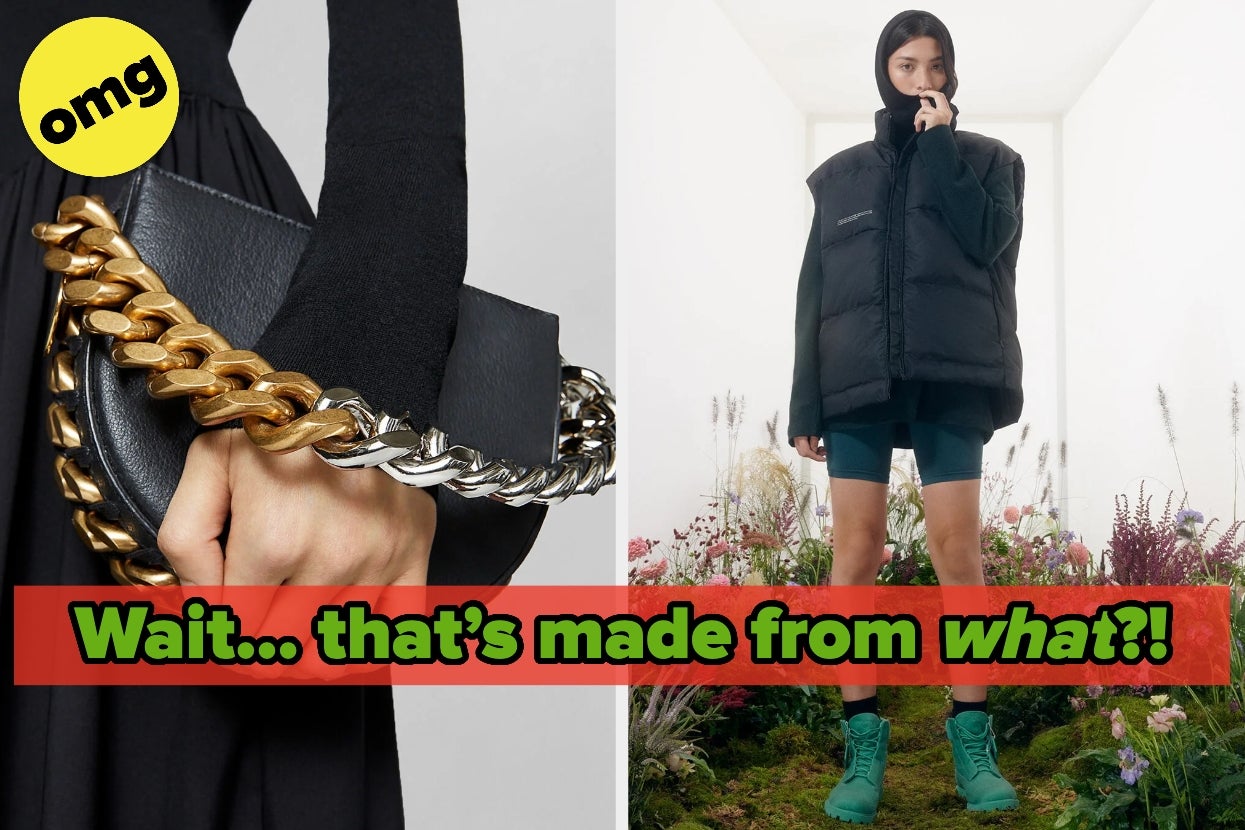 Person in a black outfit holds a clutch with mixed metal chains. Another person wears an oversized puffer jacket and boots in a minimalist setting