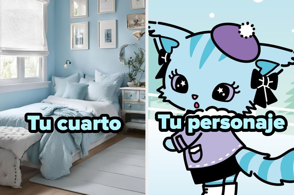Comparativa de una habitación azul ordenada y un personaje de gato azul en estilo caricaturesco, ambos con texto superpuesto