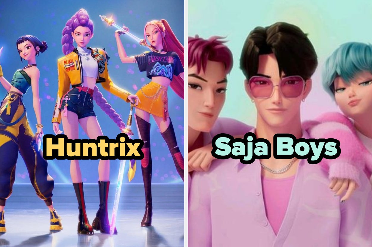 Ilustración de personajes animados con ropa futurista y expresiones dinámicas, junto a un grupo con estilo moderno y gafas de sol. Texto: Huntrix