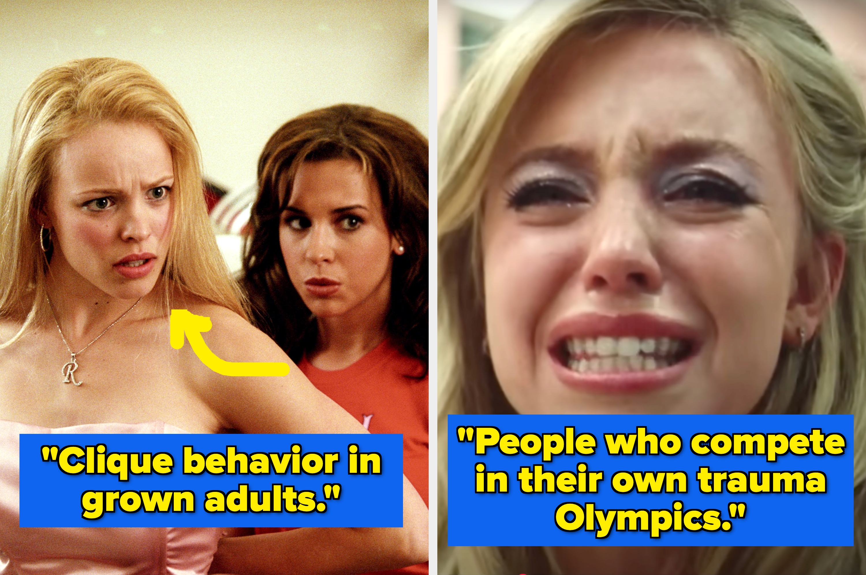 Two characters from a film scene: one wearing a strapless top, appearing upset; the other in a casual top, looking surprised