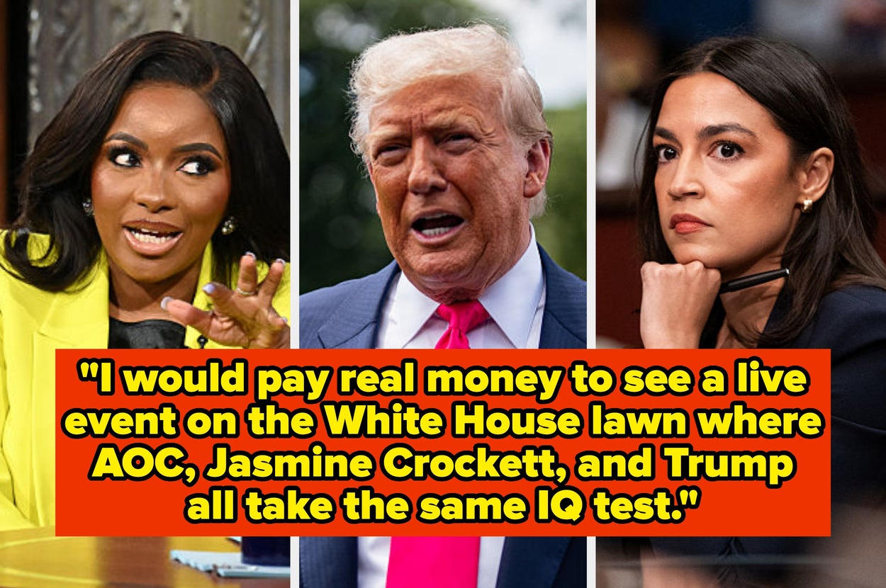 Split image with Jasmine Crockett, Donald Trump, and Alexandria Ocasio-Cortez. Text joking about them taking an IQ test on the White House lawn