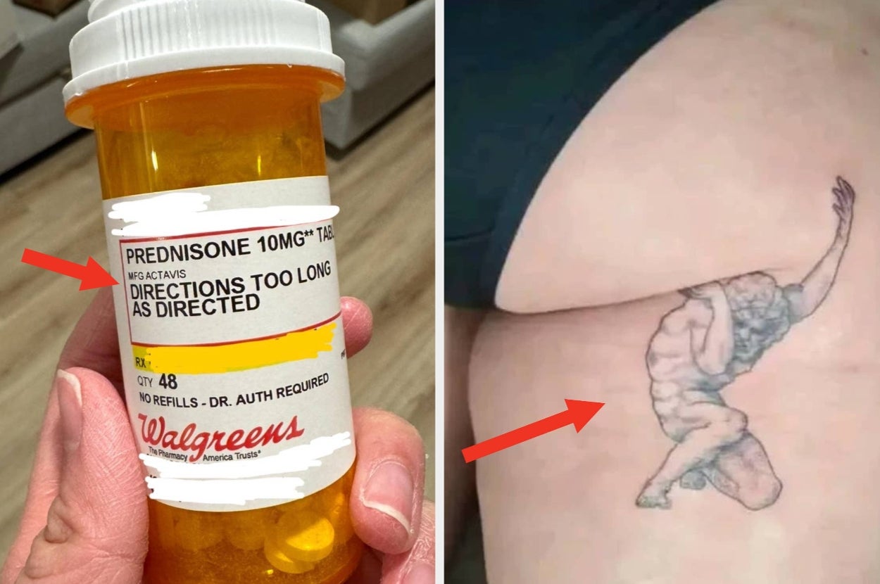 Two images: Left shows a Walgreens pill bottle with a label advising against long use. Right shows a tattoo of Michelangelo's sculpture detail on a leg