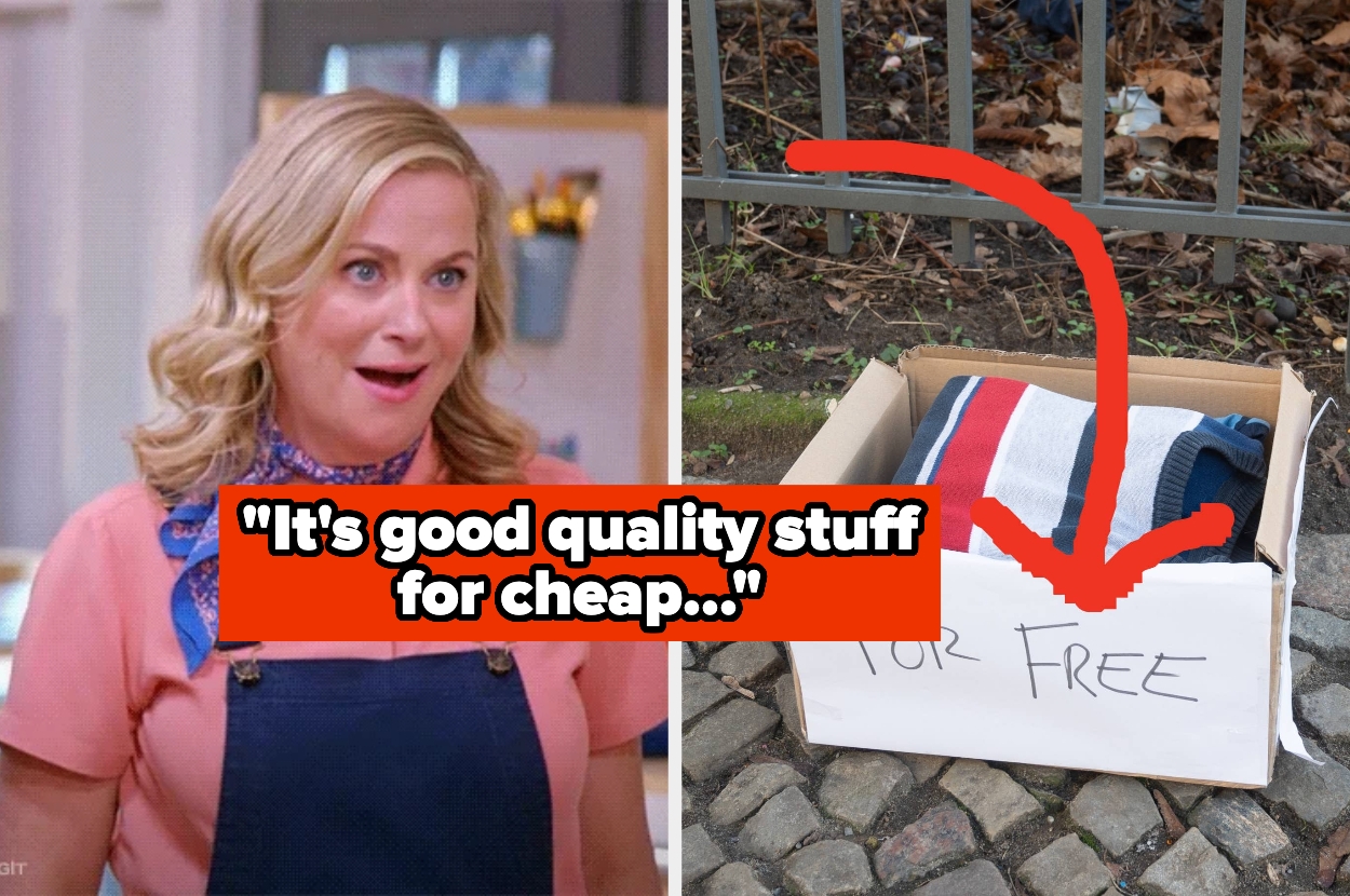 A person in an apron looks surprised; next to them is a box of free clothing on the ground