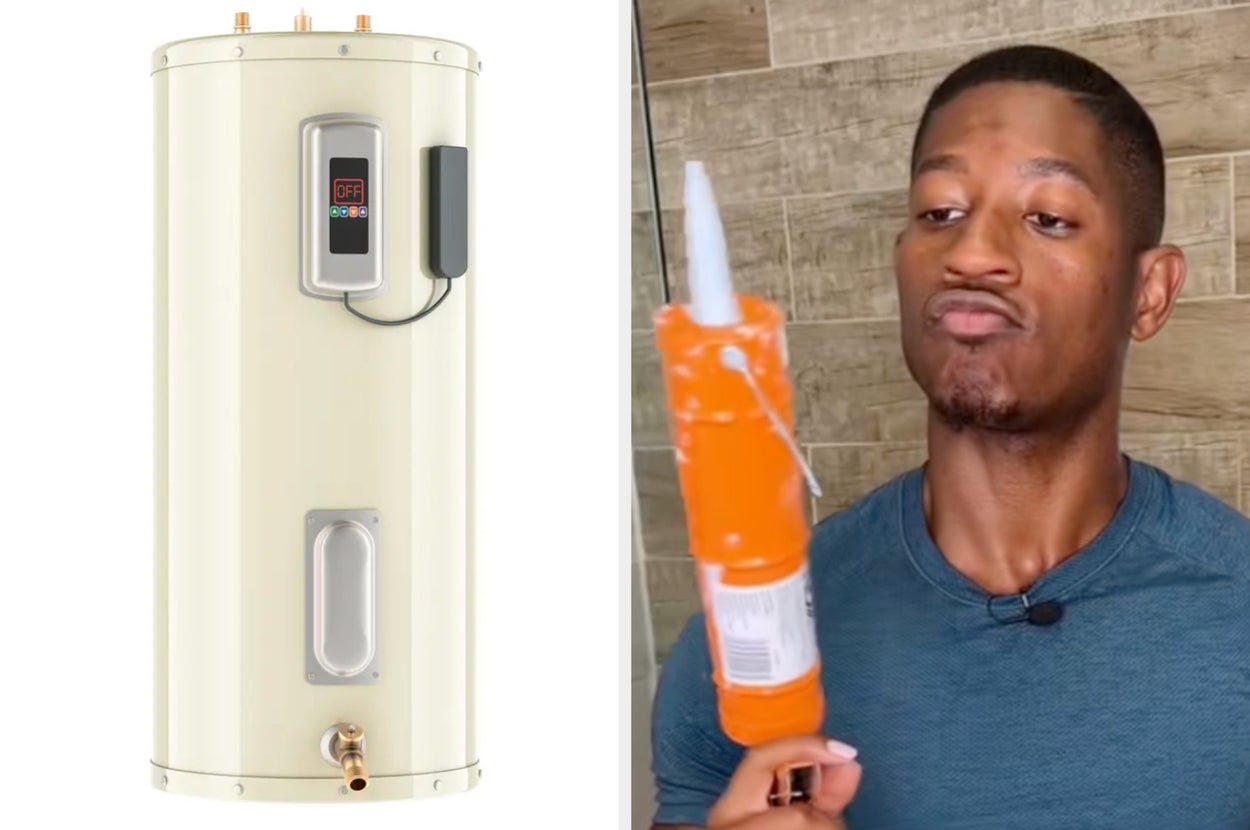 Man in a blue shirt examines orange caulking gun next to image of a water heater