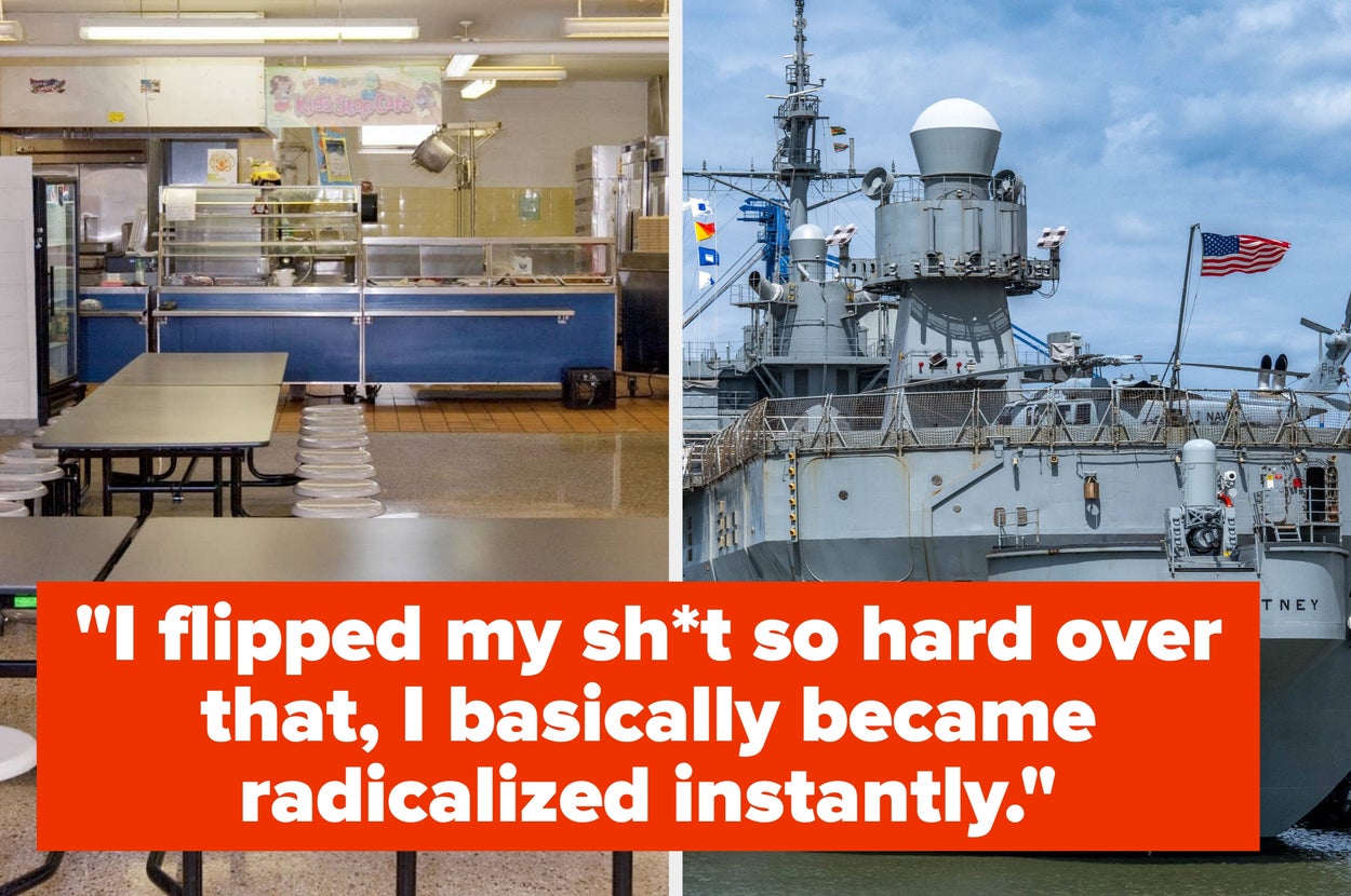 Split image: Left shows an empty cafeteria; right shows a military ship. Text reads: "I flipped my shit so hard over that that I basically became radicalized instantly."