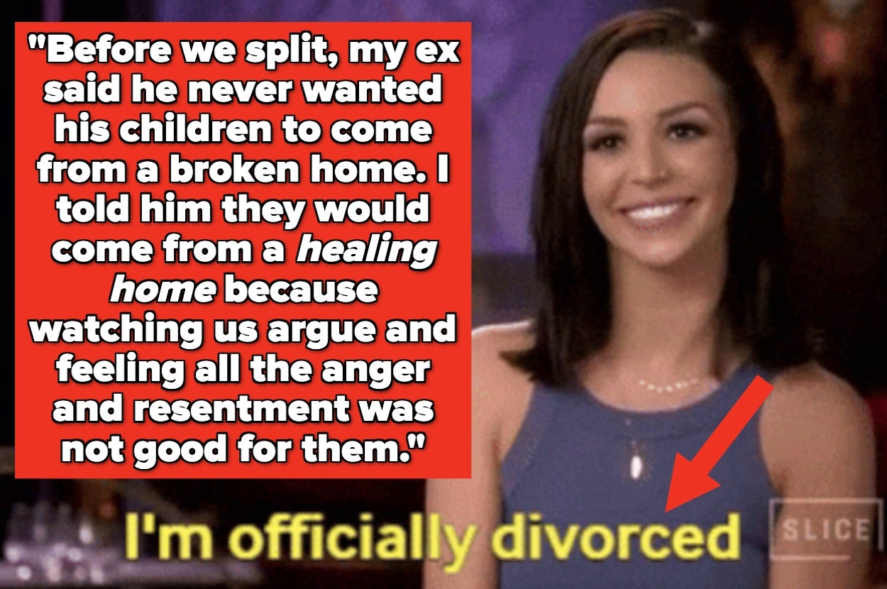 Woman smiling with text: "Before we split, my ex said he didn’t want his kids from a broken home. I said it’d be a healing home." Caption: "I'm officially divorced."