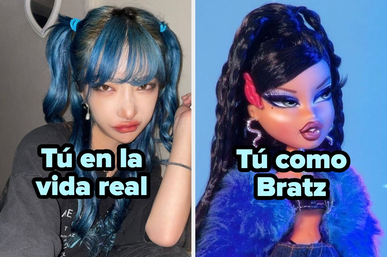 Meme comparando lado izquierdo, persona con cabello azul y expresión seria, y lado derecho, muñeca estilo Bratz con peinado y atuendo llamativos. Texto: "Tú en la vida real" / "Tú como Bratz"