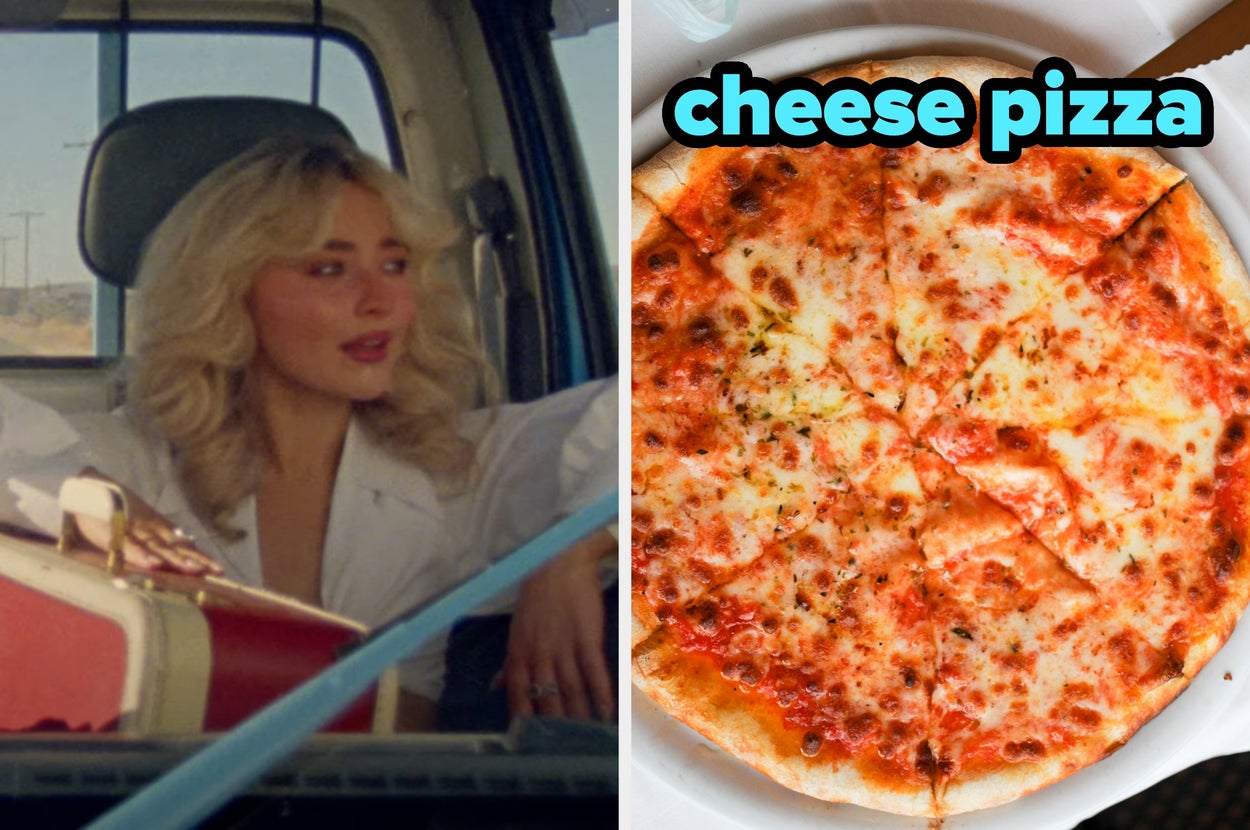 On the left, Sabrina Carpenter in the passenger seat of a car in the Manchild music video, and on the right, a cheese pizza