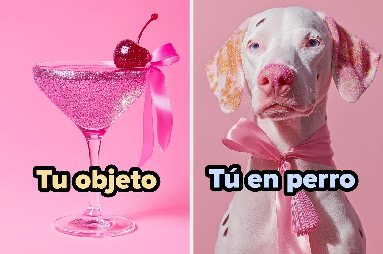 Un cóctel rosa con cereza se compara con un perro decorado de manera similar con texto: "Tu objeto" y "Tú en perro"