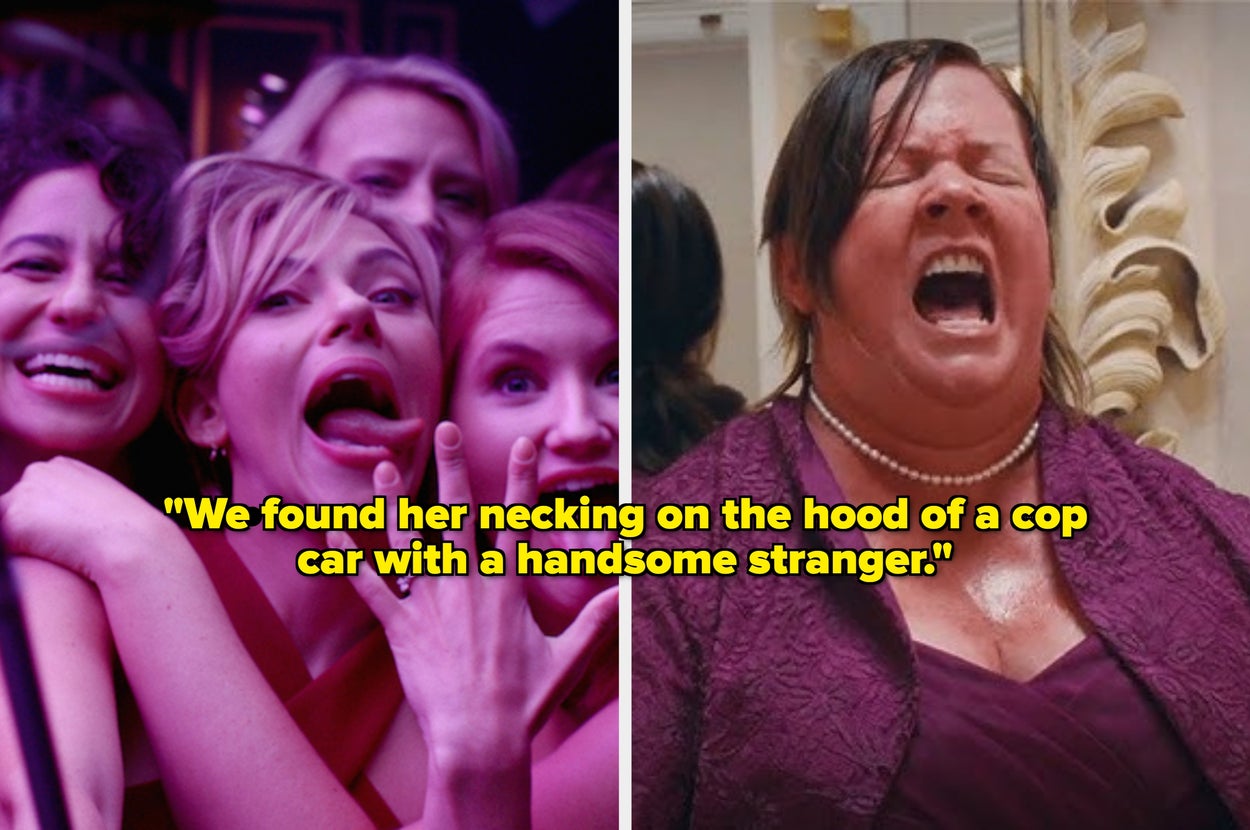 Group of women joyfully posing, sticking out tongues on the left; woman laughing exuberantly in formal wear on the right