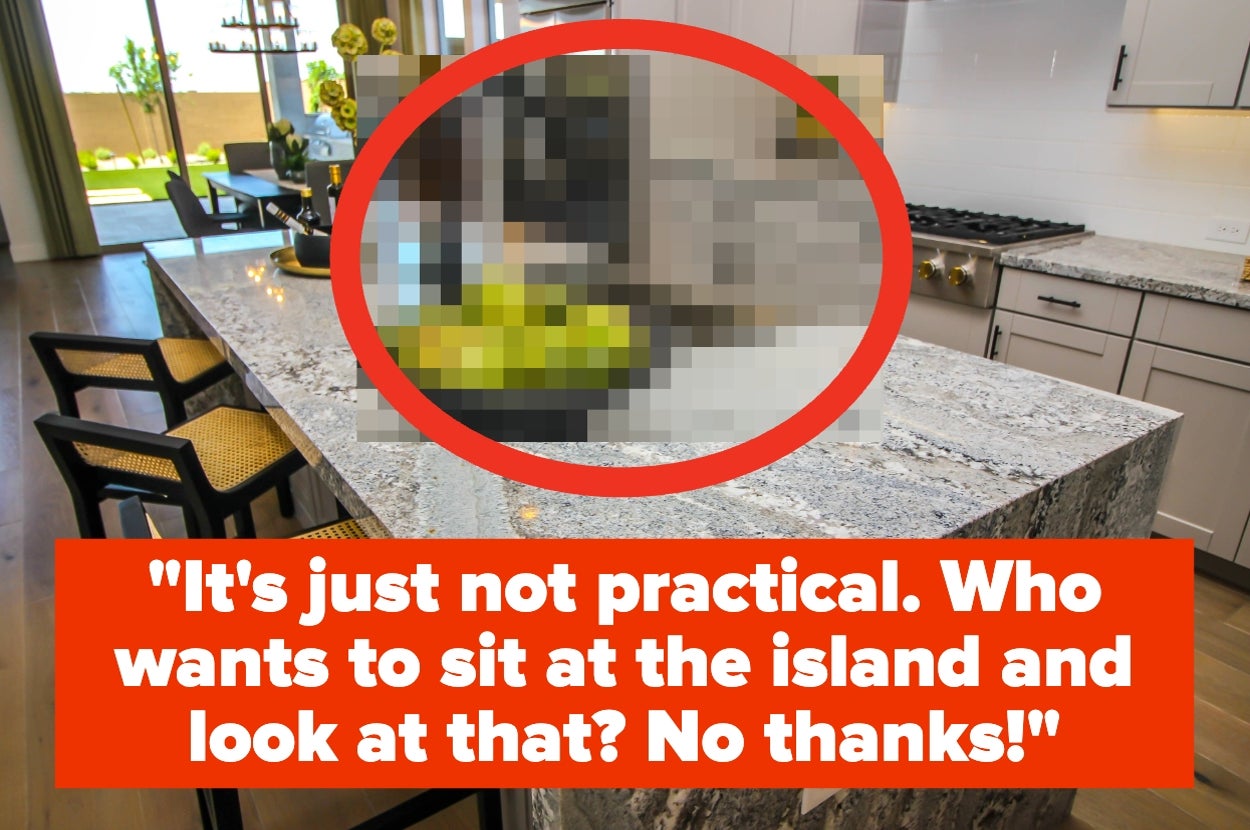 Kitchen with a marble island, chairs, and fruit bowl. Blurred section highlights a possible kitchen view issue with text: "It's just not practical."