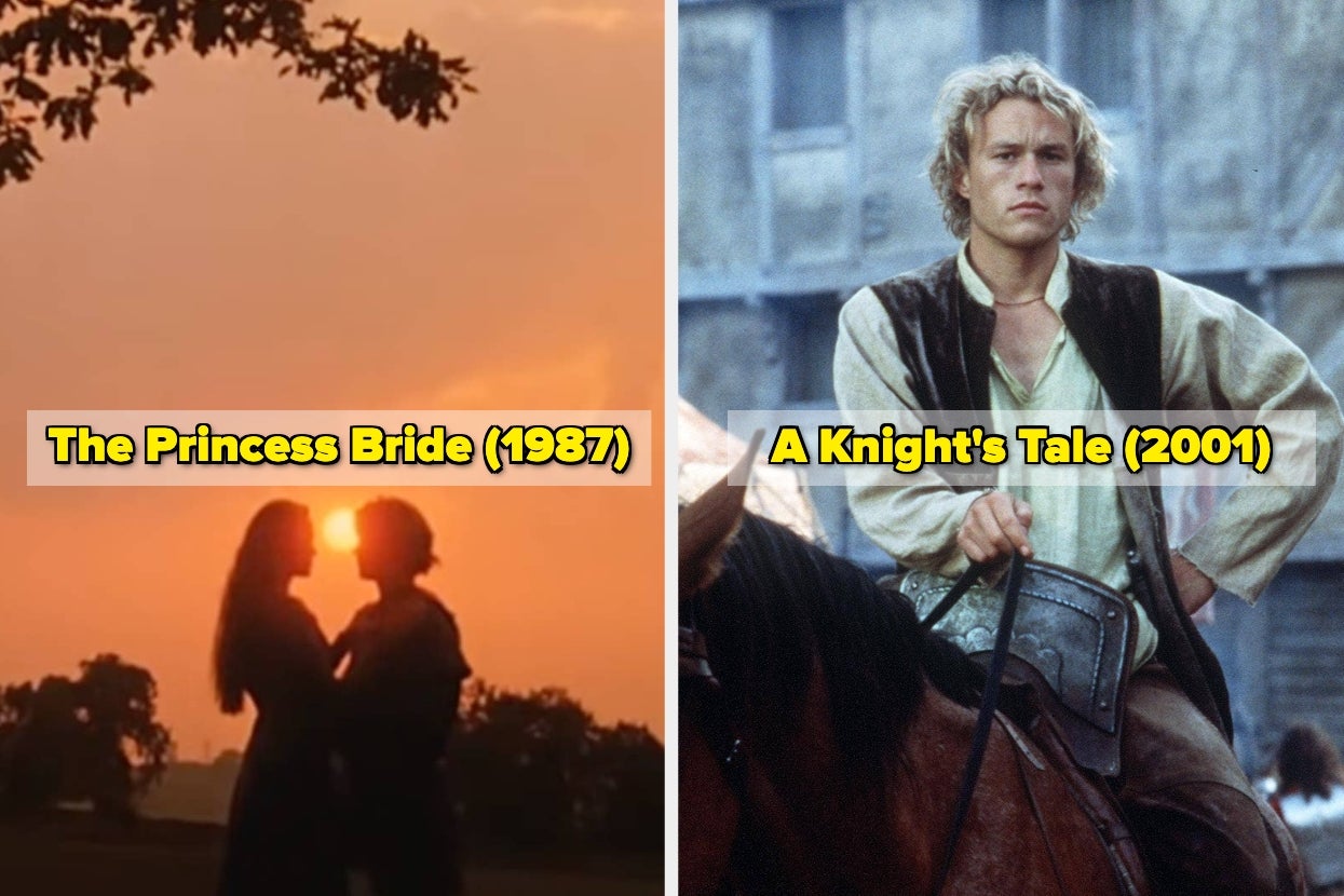 Split image: Left shows a couple silhouette at sunset from "The Princess Bride" (1987). Right shows a medieval scene from "A Knight's Tale" (2001)