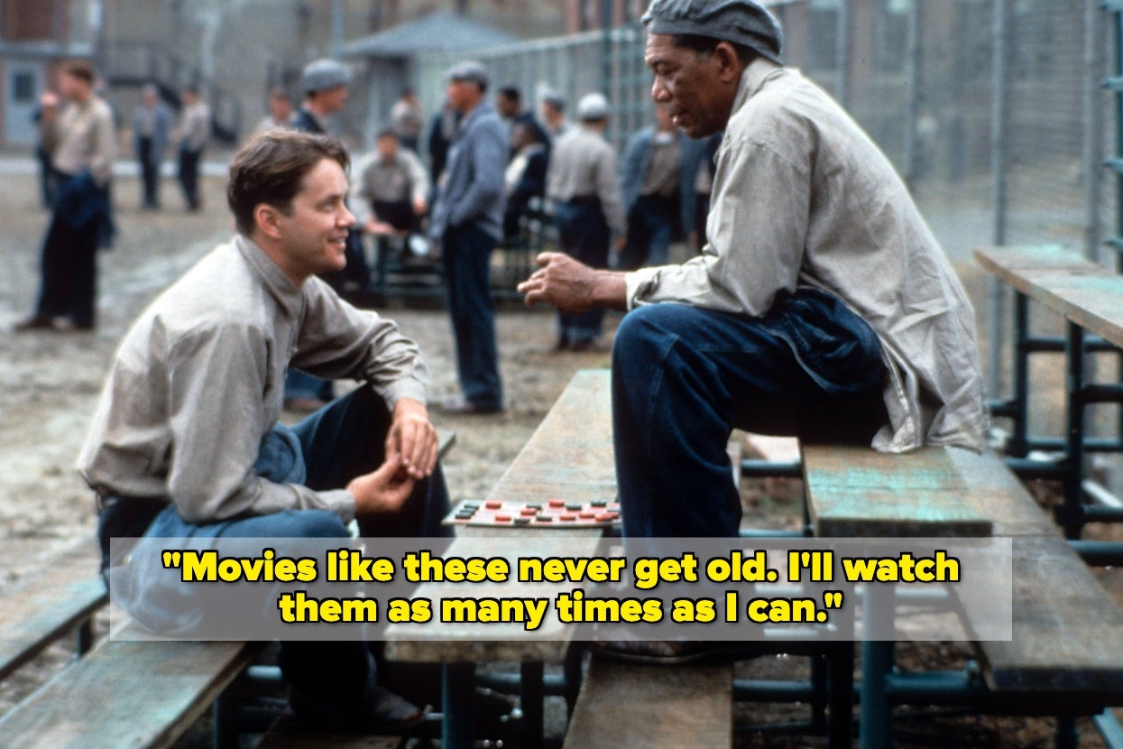 Two men talk and play checkers on a bench in a prison yard. Text reads: "Movies like these never get old. I'll watch them as many times as I can."