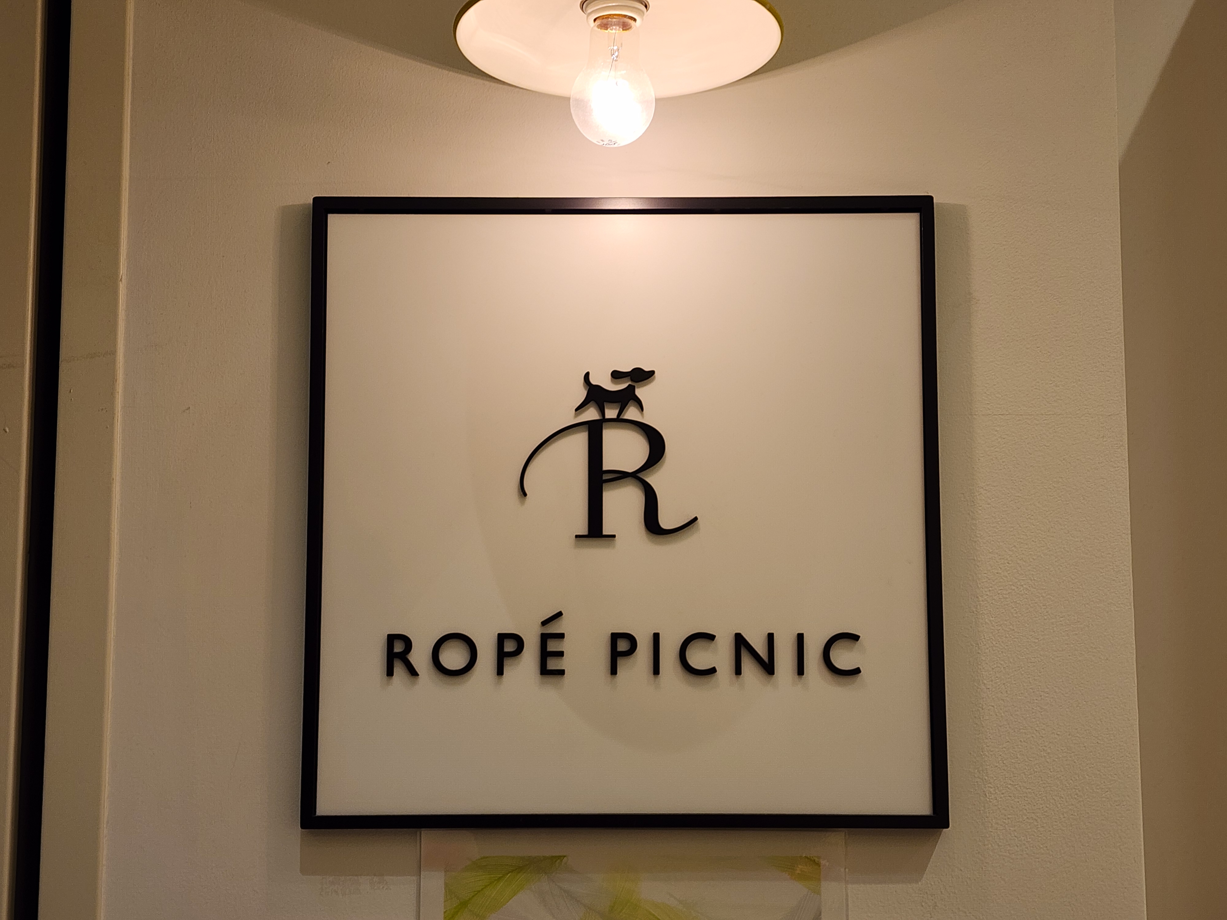 ROPÉ PICNICのロゴが描かれた四角い看板。電球に照らされている。