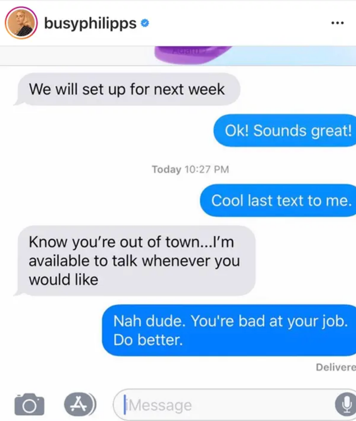 Text exchange shows someone setting up a meeting, offering to talk, and another responding negatively about job performance