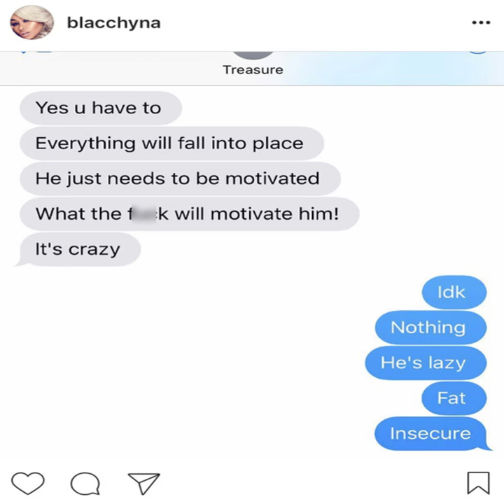 A text exchange shows frustration about motivating someone, with responses calling them lazy and insecure