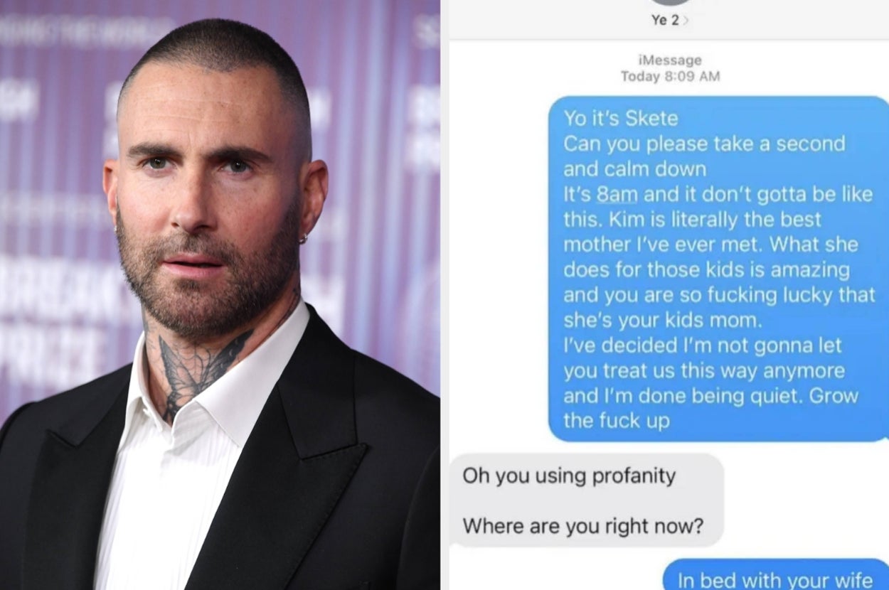Left: Adam Levine at an event. Right: Text messages between Pete Davidson and Kanye West