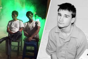 Two men sit on stools amid mist; a separate image shows a young man in a prison shirt