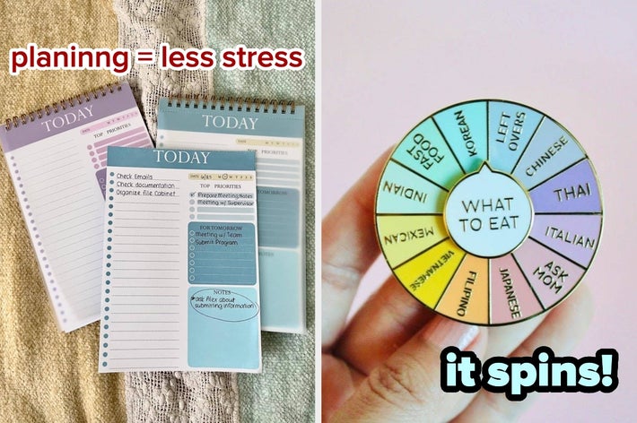 Two image ideas: a daily planner layout for stress reduction and a spinning "What to Eat" wheel featuring various cuisines