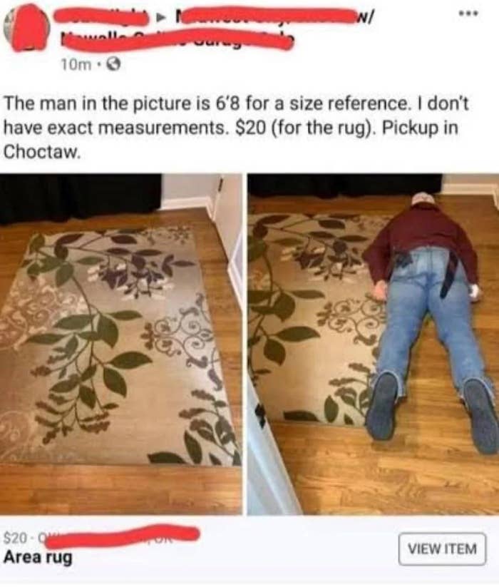 A person lies face down on a rug listed for sale online, used to show its size