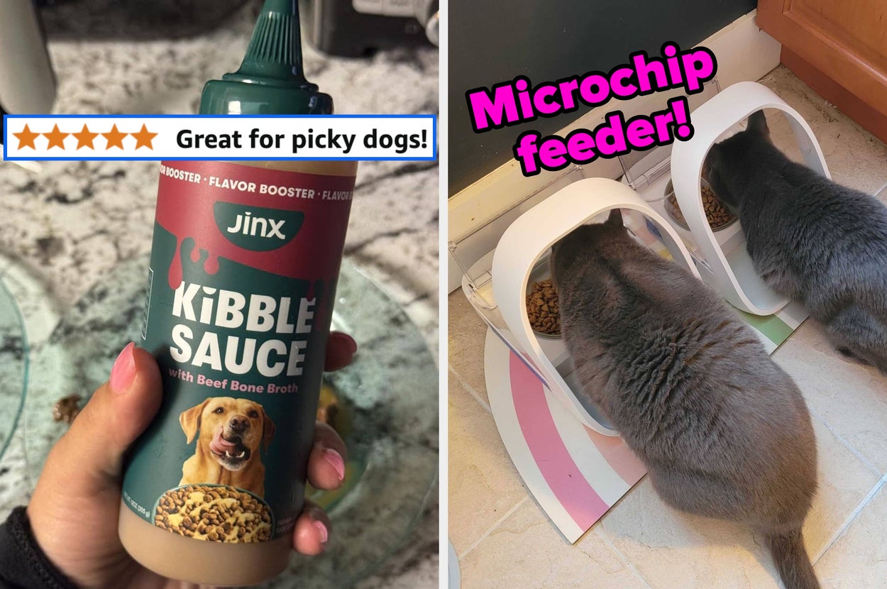 Person holding Jinx kibble sauce bottle next to two cats eating from microchip-activated feeders