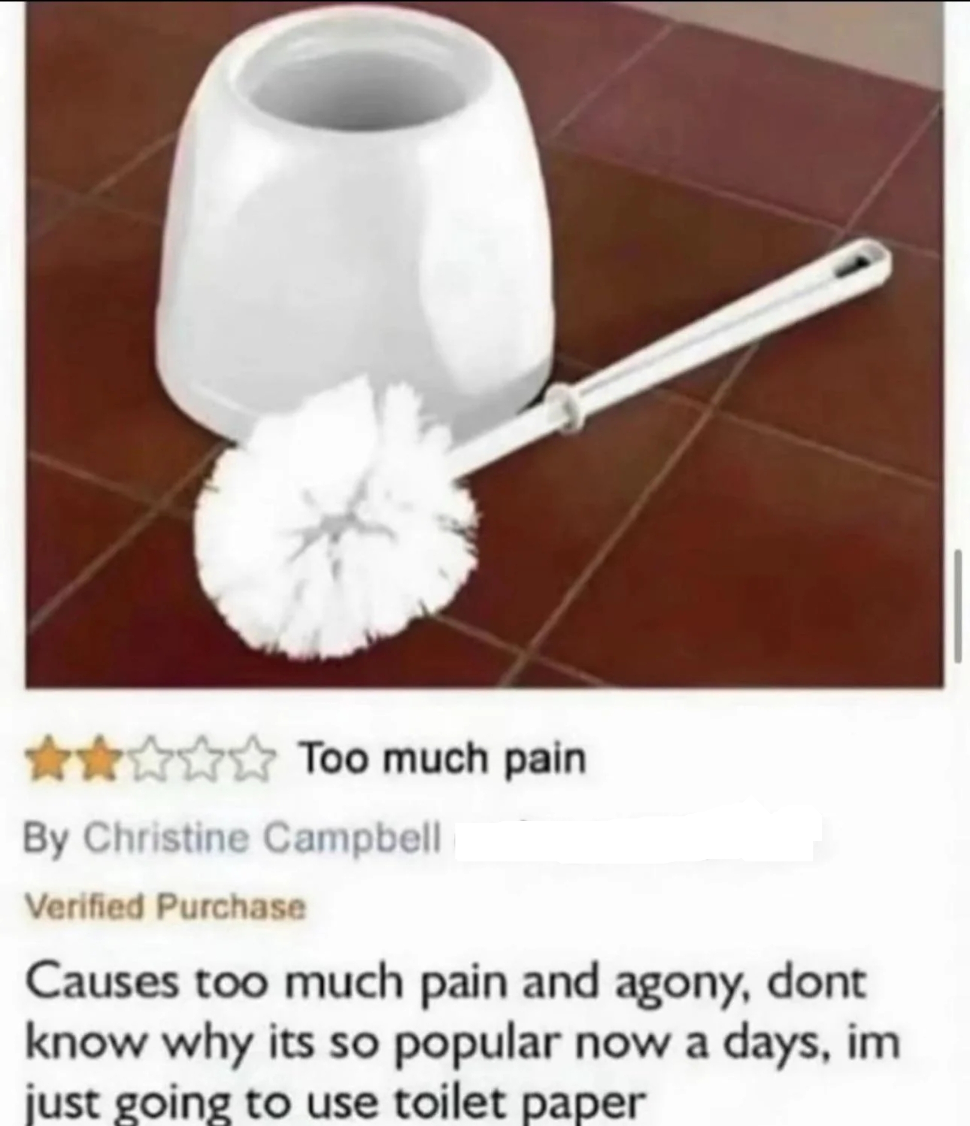 Toilet brush listed as "Too much pain" with 1-star review stating it causes pain and user will use toilet paper instead