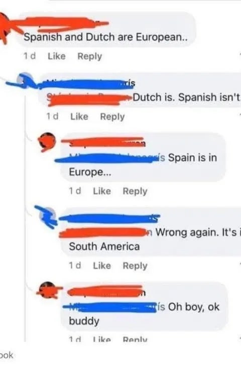 Facebook remark  claiming Spain is successful  South America, with others correcting it