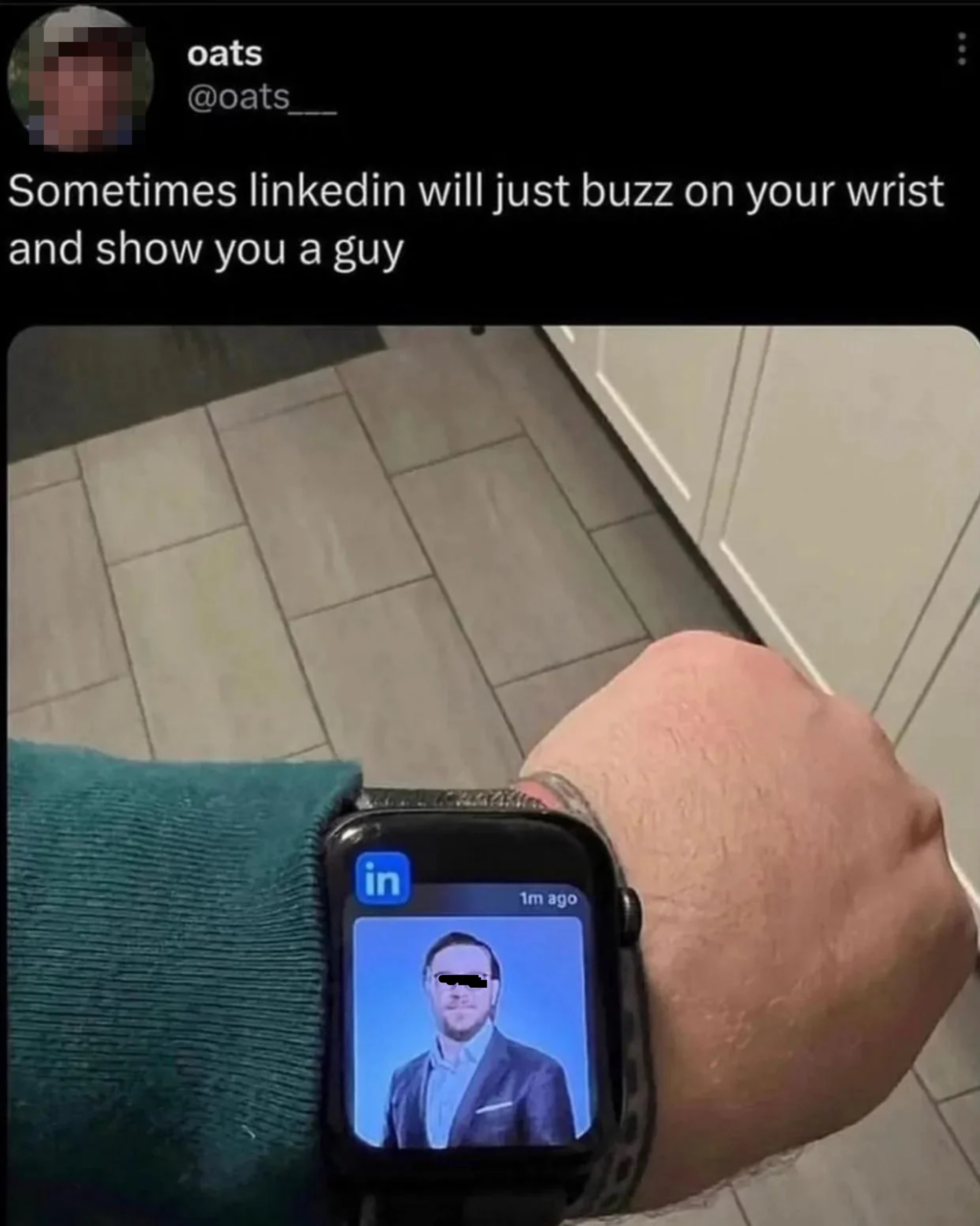 Smartwatch notification shows a man's LinkedIn profile picture with a caption about unexpected LinkedIn alerts