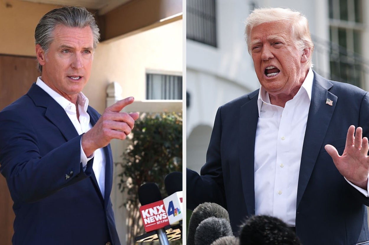 Two public figures speaking at outdoor press events, addressing microphones. One gestures with a pointing finger, while the other gestures with hands open