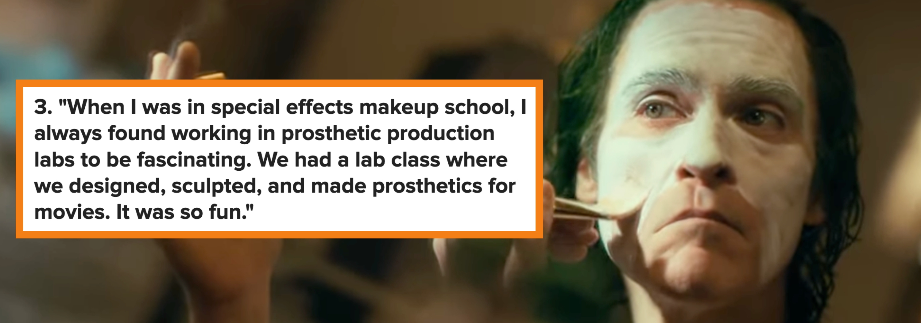 Two images: Left shows a person applying special effects makeup. Right shows a child smiling in a classroom. Caption discusses creating prosthetics in school