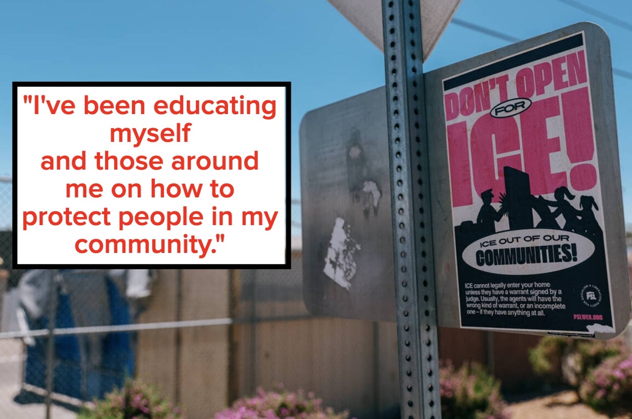 Sign on pole advises against opening the door for ICE. Accompanying text highlights community education on protection