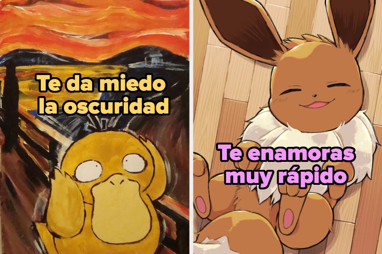 Imagen dividida: Psyduck frente a "El Grito" con texto "Te da miedo la oscuridad" y Eevee sonriente con texto "Te enamoras muy rápido"