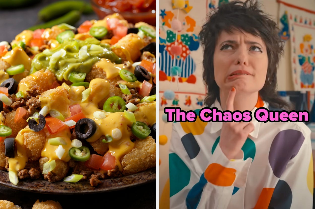 On the left, a plate of loaded tater tots with cheese, olives, jalapeños, onions, tomatoes, and guac, and on the right, Sarah Sherman looking upward thoughtfully labeled the Chaos Queen