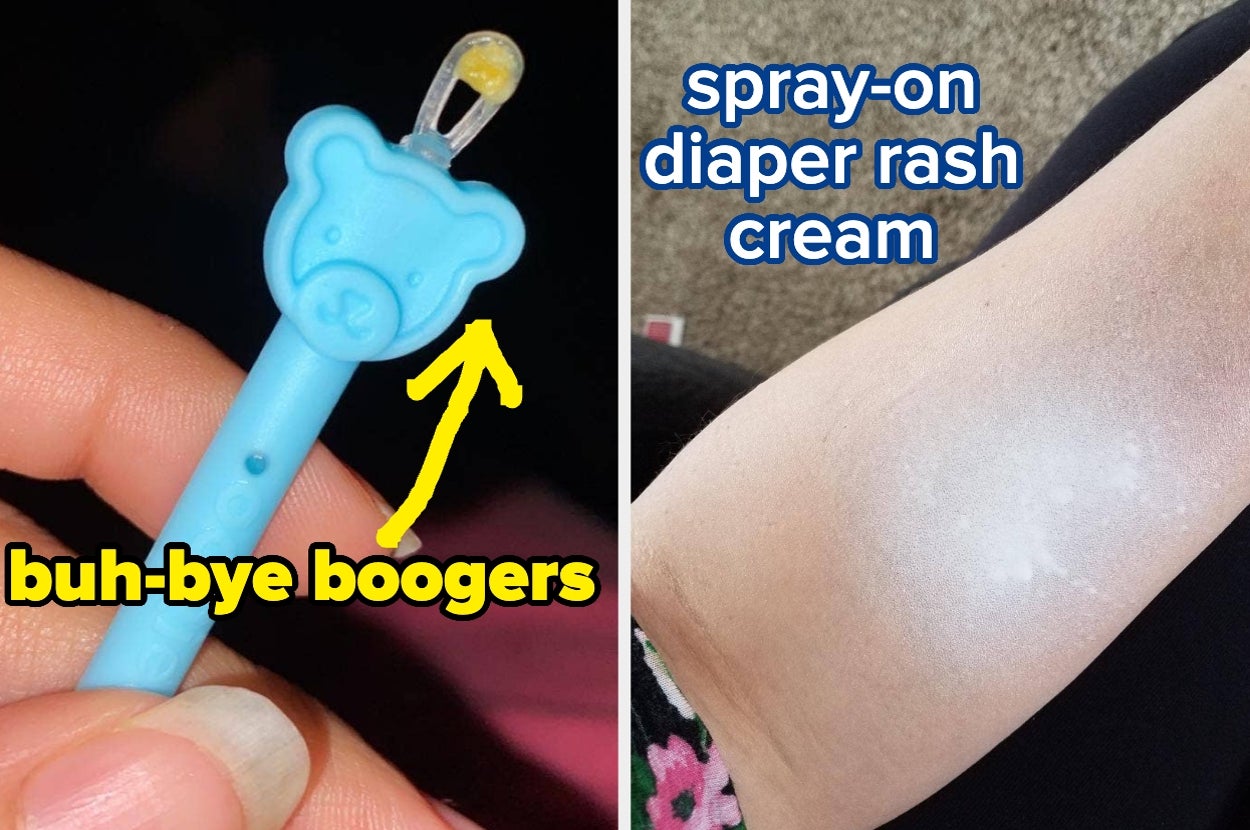 Bear-shaped nasal aspirator and spray-on diaper rash cream displayed for shopping purposes