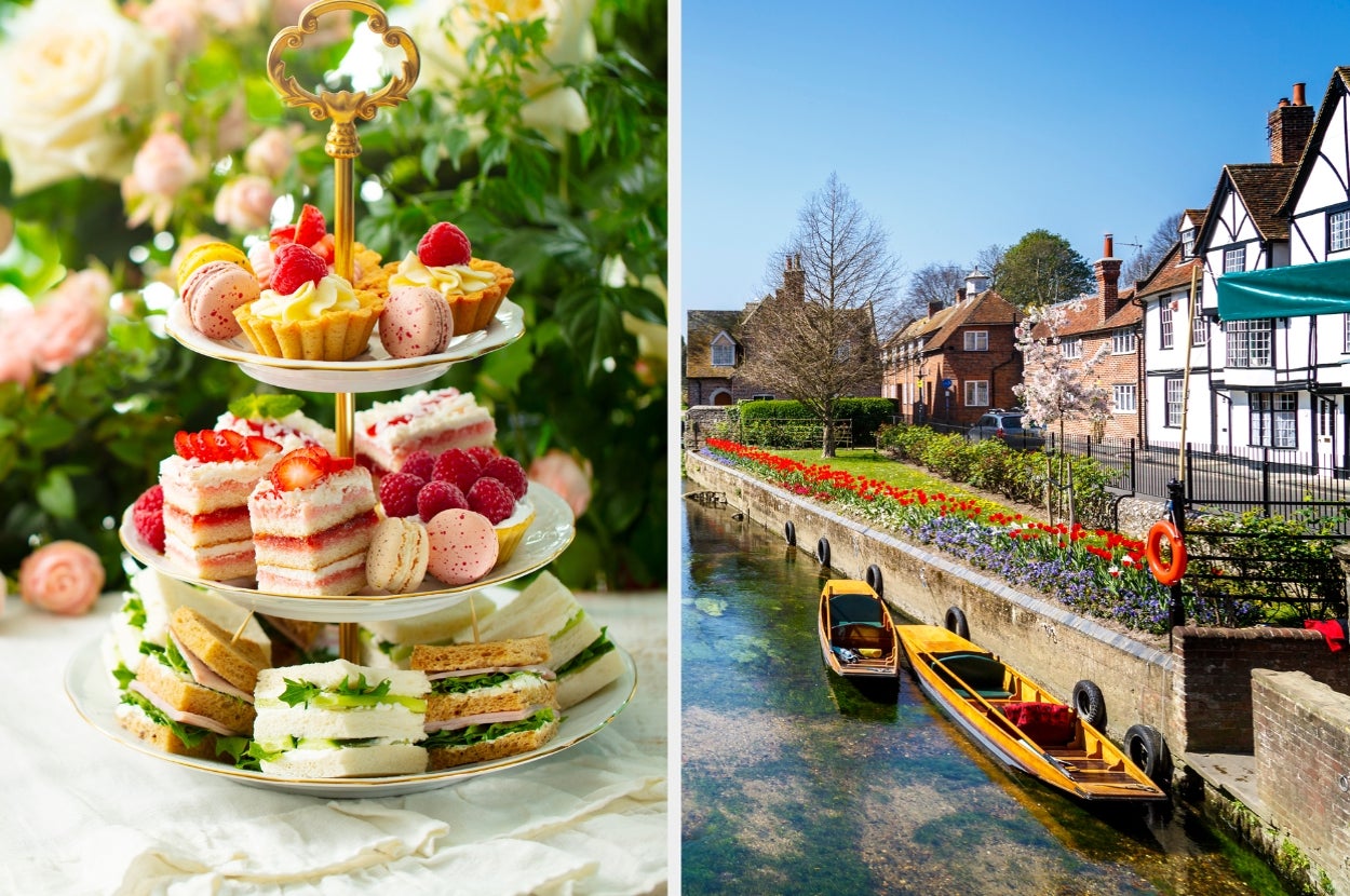 Tiered tray with elegant pastries and sandwiches; scenic canal view with boats, flowers, and quaint houses