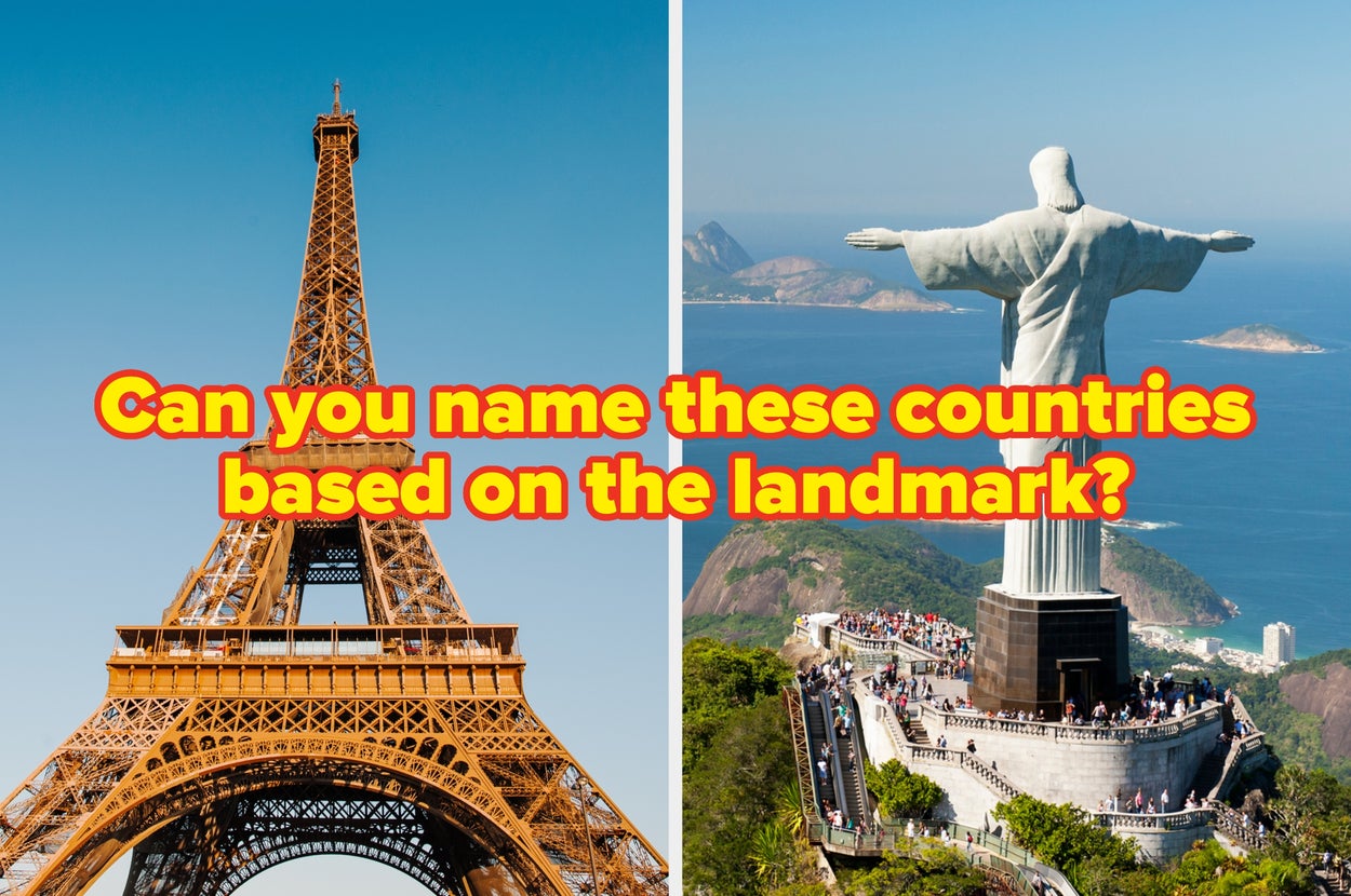 Split image shows the Eiffel Tower and Christ the Redeemer with text: "Can you name these countries based on the landmark?"