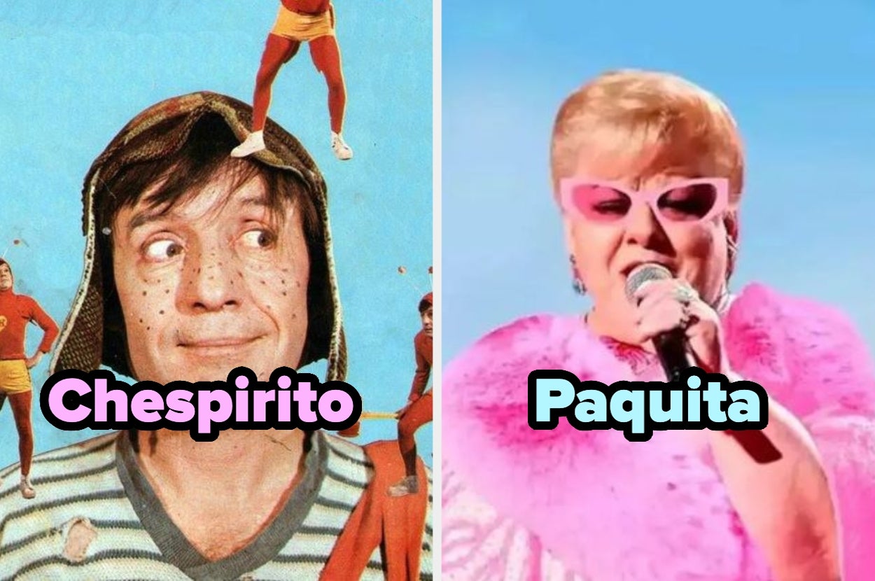 Imágenes divididas: a la izquierda Chespirito luciendo su característico gorro; a la derecha, una cantante con gafas rosas y atuendo brillante