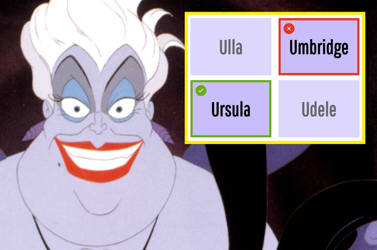 Animated sea witch grinning, alongside a quiz card highlighting "Ursula" as correct and "Umbridge" as incorrect