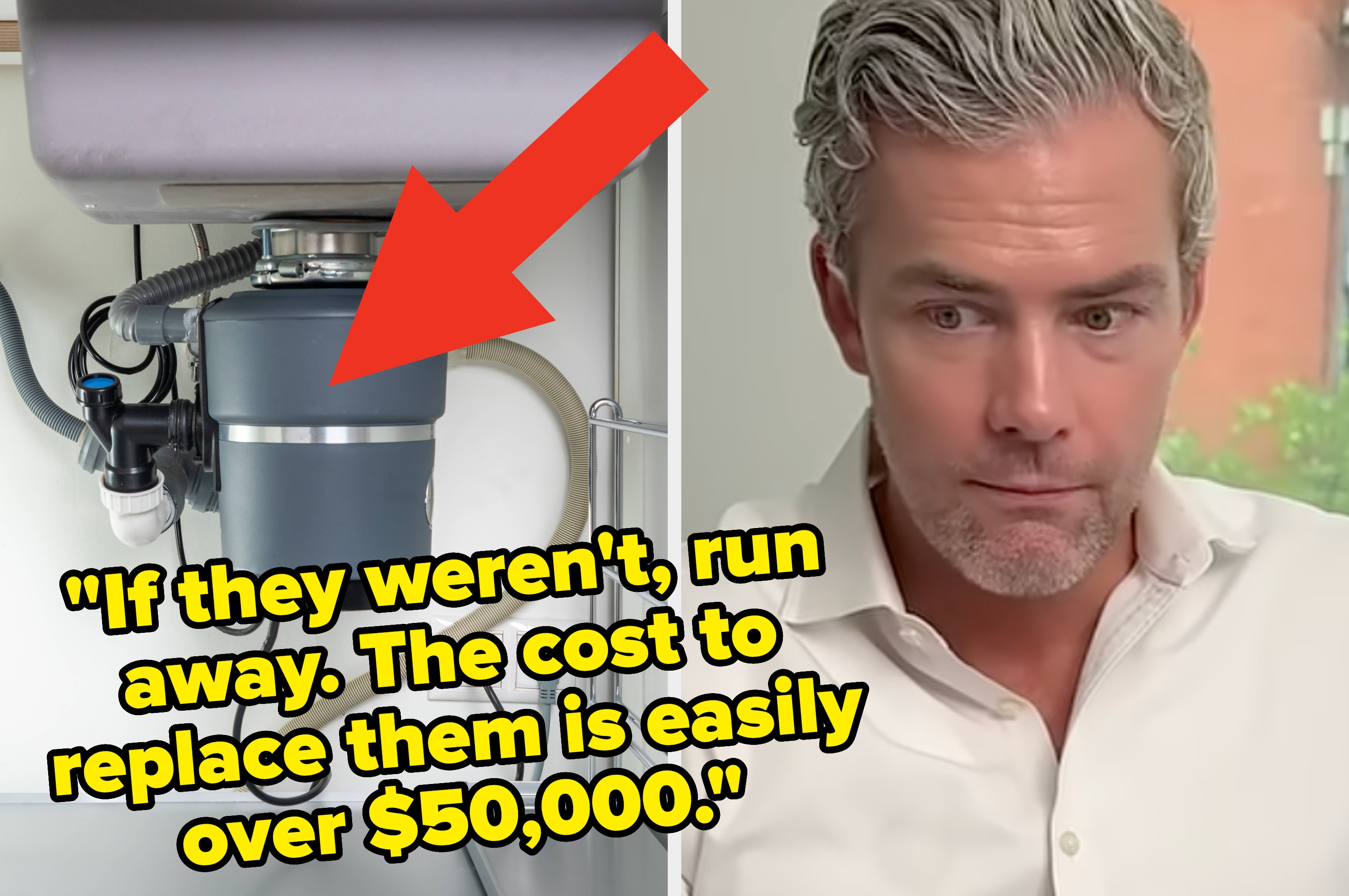 Garbage disposal unit under a sink on the left; a person looking serious in a white shirt on the right. Red arrow points to the disposal